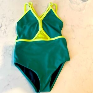 Girls green and neon yellow leotard.